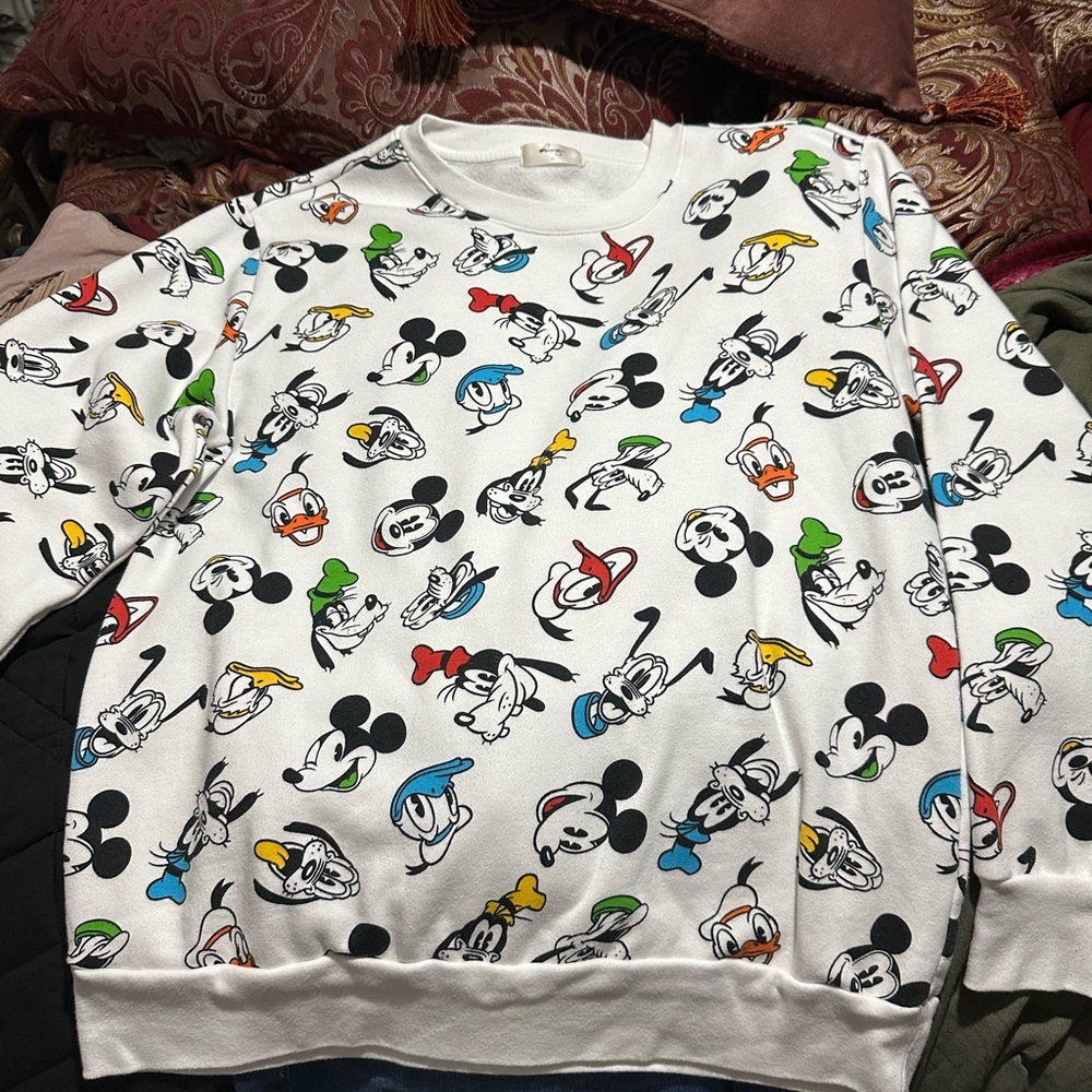 Disney Men's Crewneck Sweater - White with Multicolor Characters
